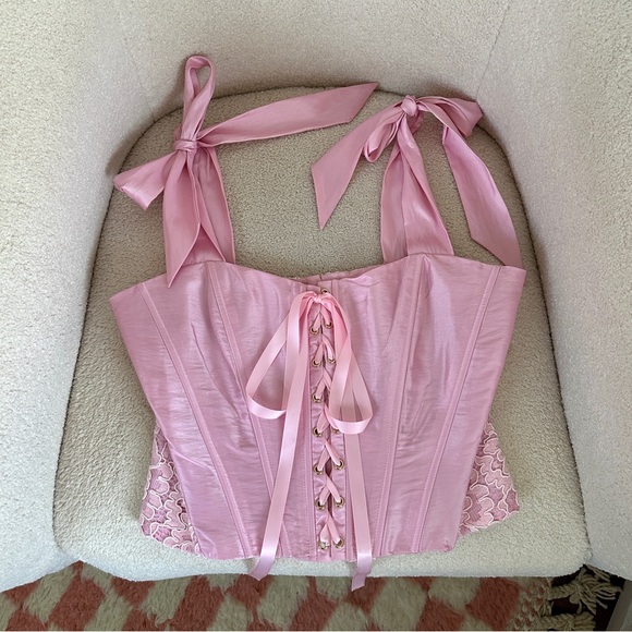 NWT LoveShackFancy Azina Lace Front Tie Shoulder Bustier Top - Ballerina Pink - Picture 15 of 16